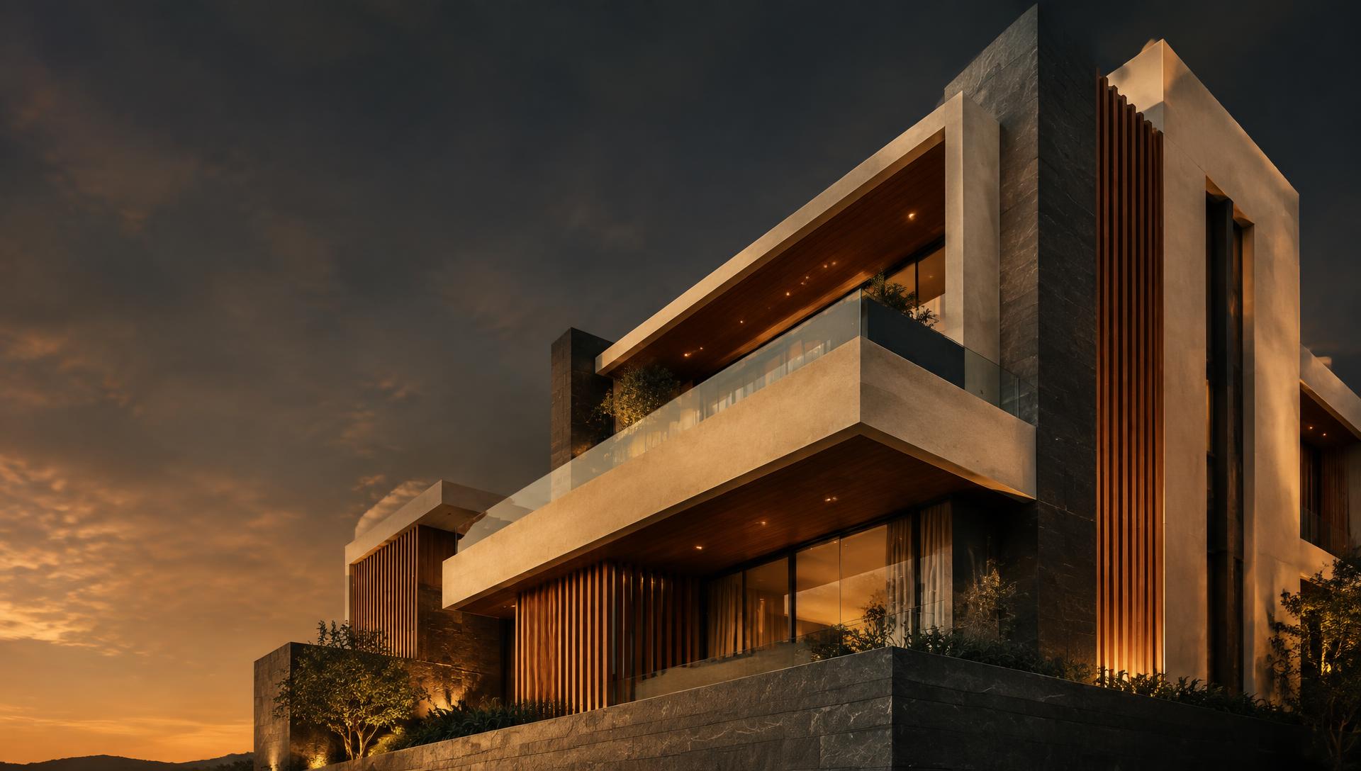 Contemporary residential architecture at dusk with warm wood and stone facade
