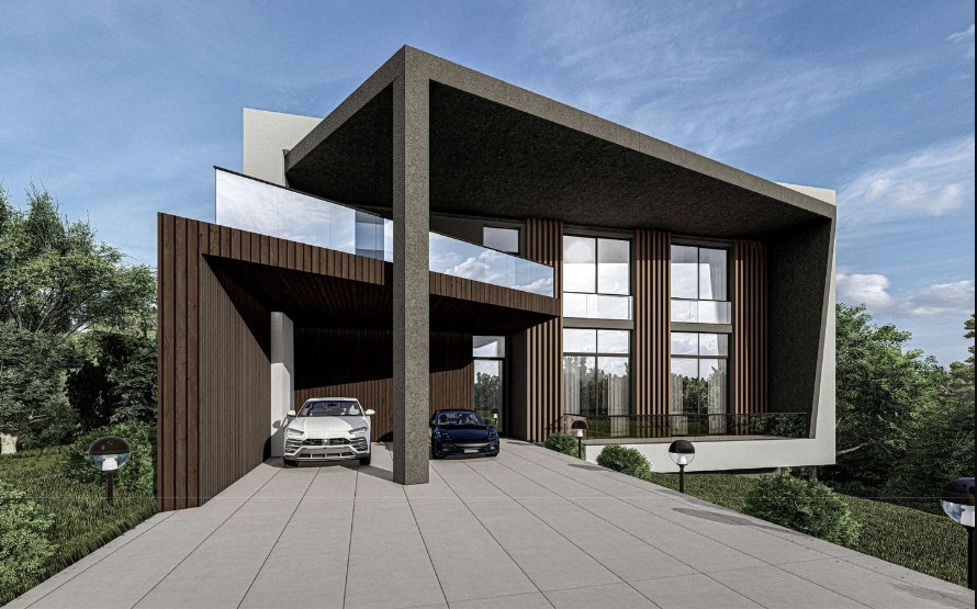 Contemporary residential architecture with layered volumes and warm wood cladding