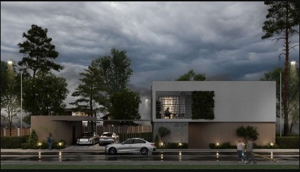 Minimal residence at dusk with warm interior light and layered materials