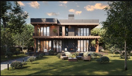 Warm wood and dark stone facade of a modern villa with landscaped garden